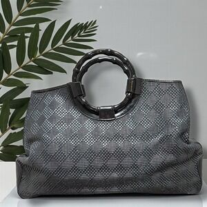 Talbots Black Woven Tote Bag with Bamboo Style Circular Handles